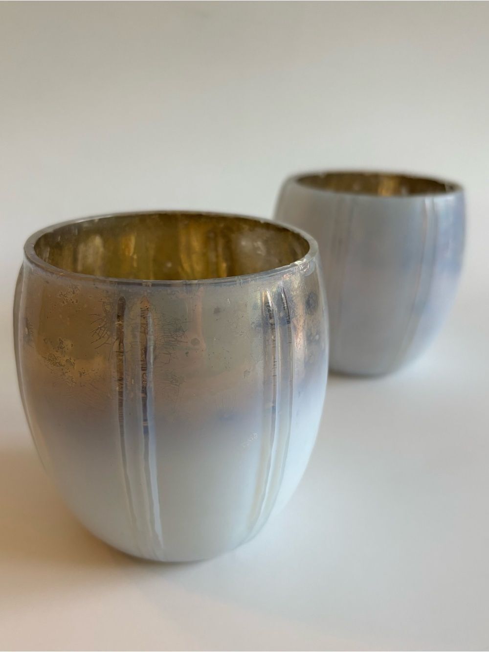 Anthropologie Set Of 2 Frosted White Metallic Gold Votive Candleholders